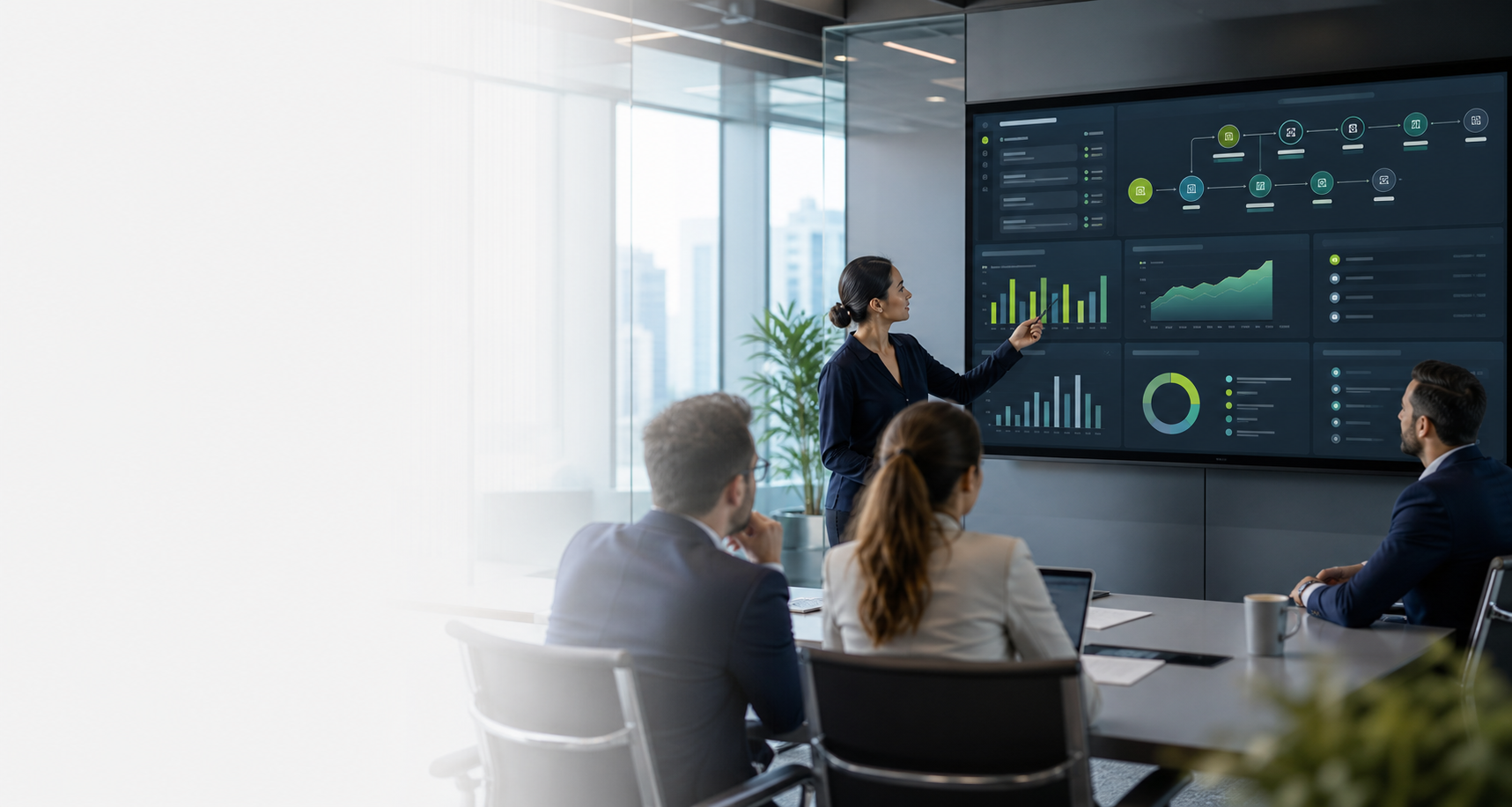 Consultants reviewing a large digital workflow dashboard in a modern boardroom
